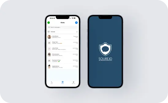 image of iPhones displaying the SQURE.IO app home screen and the SQURE.IO logo